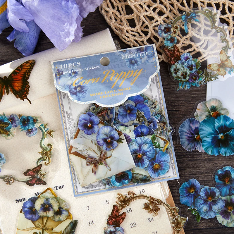 40pcs/pack Creative  Aesthetics PET Decorative Stickers Retro Flower Borders DIY Diary Scrapbook Decor Journal Supplies