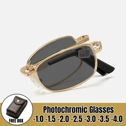 Folding Portable Photochromic Myopia Glasses High-definition Elderly Near Sight Glasses Ultra Light Color Change Glasse with Box