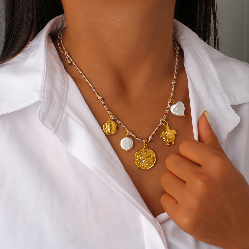 DIY accessories Guangdong jewelry personalized DIY knotted rope pearl turtle pendant necklace 18K gold woven fashionable and ele