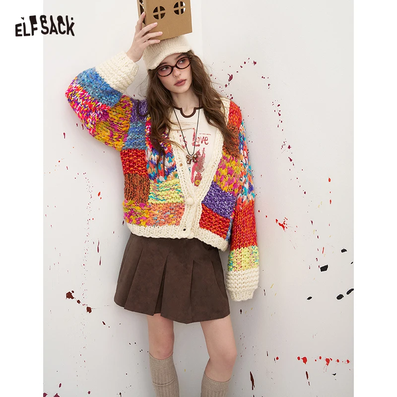 ELFSACK Women's Colorful Patchwork Chunky Knit Cardigan, Casual Loose Open Front Outerwear for Daily Wear