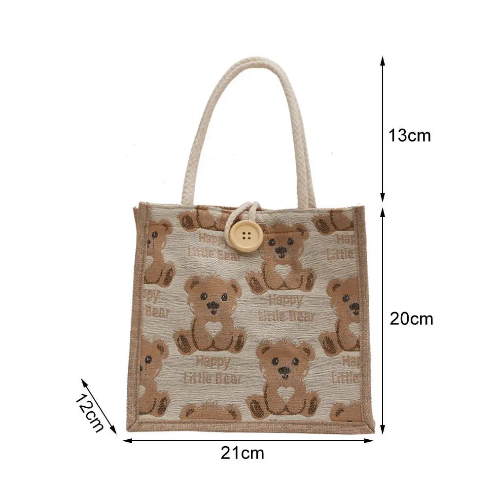 Cute Bear Pattern Cotton Linen Tote Bag Portable Canvas Shopping Bag Large-capacity Women Eco Handbag Travel Shoulder Bag