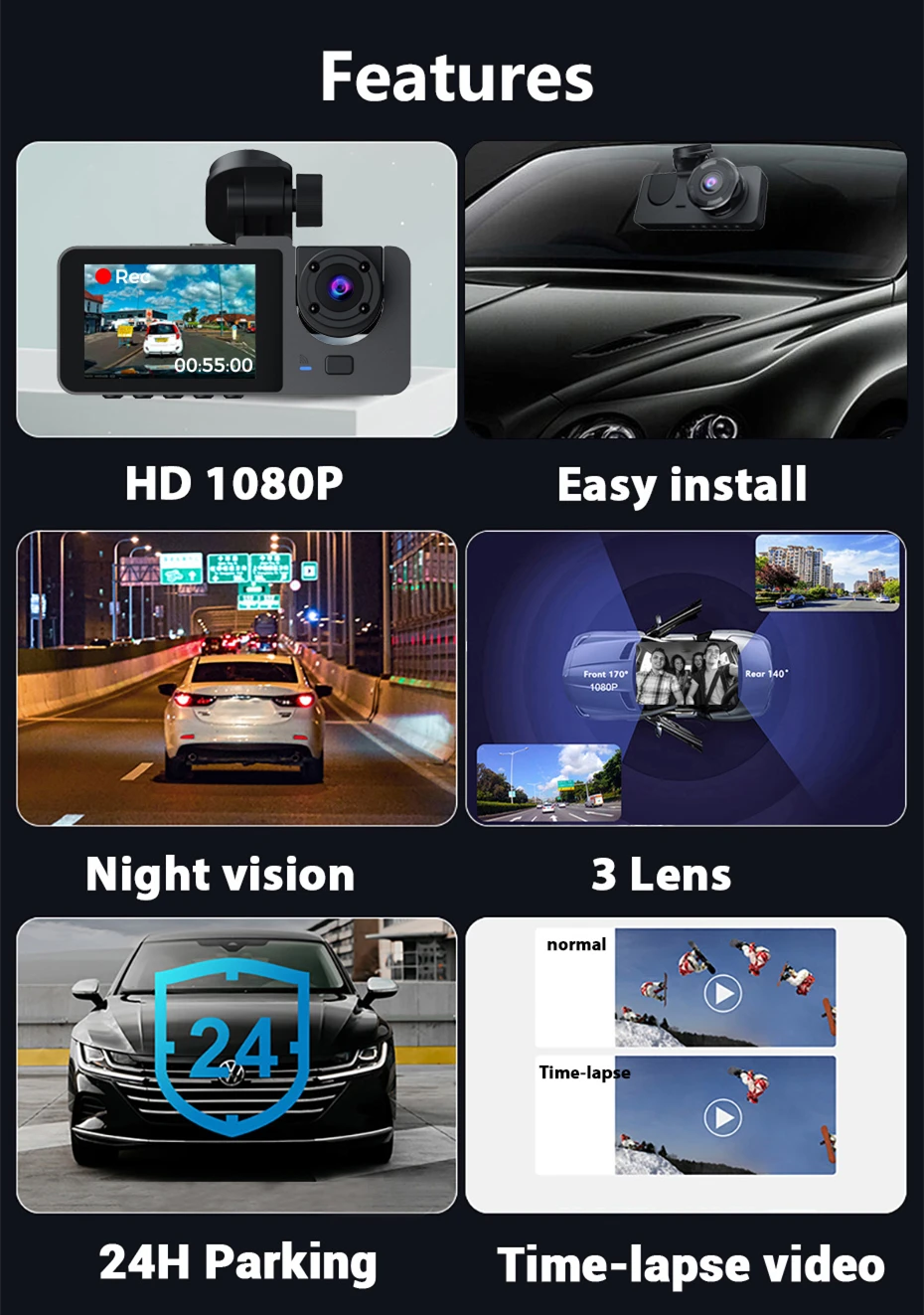 3 Channel Car DVR FHD 1080P 3-Lens Inside Vehicle Dash Cam Three Way Camera DVRs Recorder Video Registrator Dashcam Camcorder