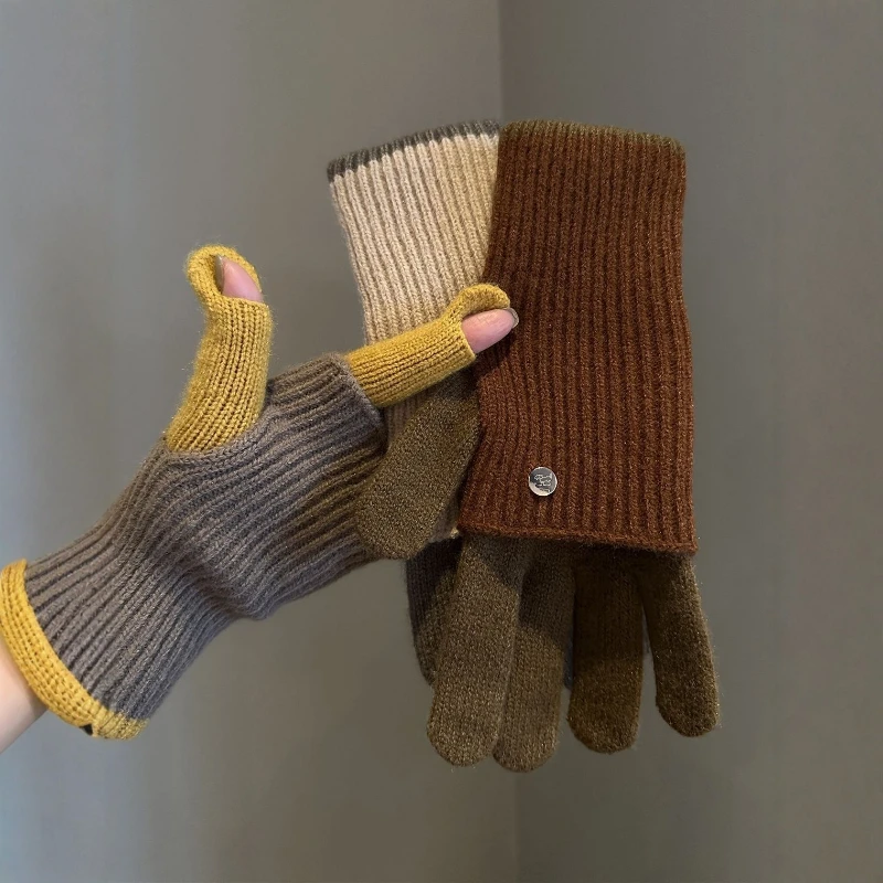 Touchscreen Knit Gloves with Separated Fingers Women Winter Melamine Two-Purpose Color-Block Glove Female Warm Riding Mitten