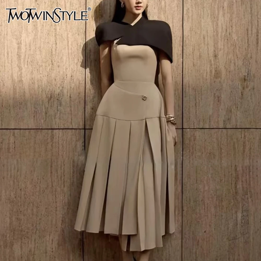 TWOTWINSTYLE Detachable Cloak Dresses For Women Square Collar Sleeveless High Waist Hit Color Patchwork Folds Dress Female New