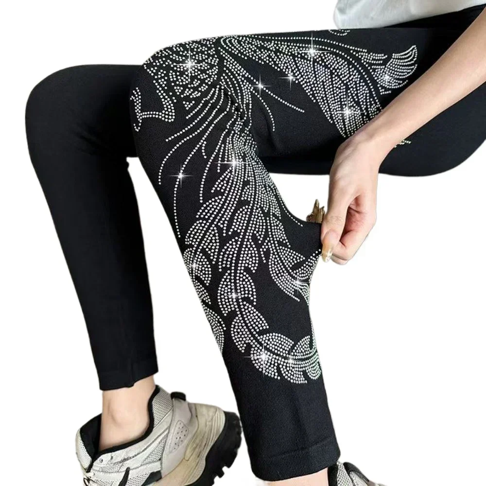50-90kg Dragon Phoenix Diamond Leggings Women Sexy Fashion Shiny Tights Female Slim Rhinestone leggins Pants Women's Warm Tights