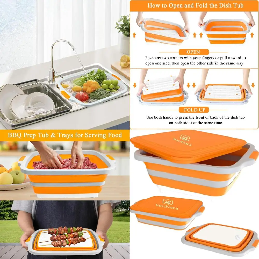 

Портативная складная ванна для приготовления барбекю объемом 3 размера с крышкой разделочной доски, умывальник для кемпинга на открытом воздухе, можно мыть в посудомоечной машине, без BPA, 30 л Oran