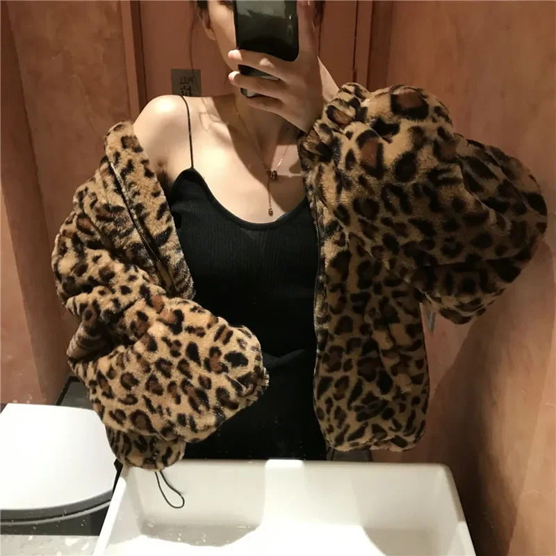 Casaco de pele sintética com estampa leopardo feminino, parkas quentes, outwear coreano, casacos soltos femininos, gola alta, outono, inverno, novo, 2022