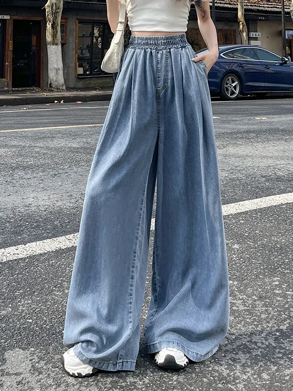 

Американские джинсовые брюки из ледяного шелка прямого кроя, свободные, широкие, тонкие, весенне-летние, повседневные, для женщин, с высокой талией, эластичные