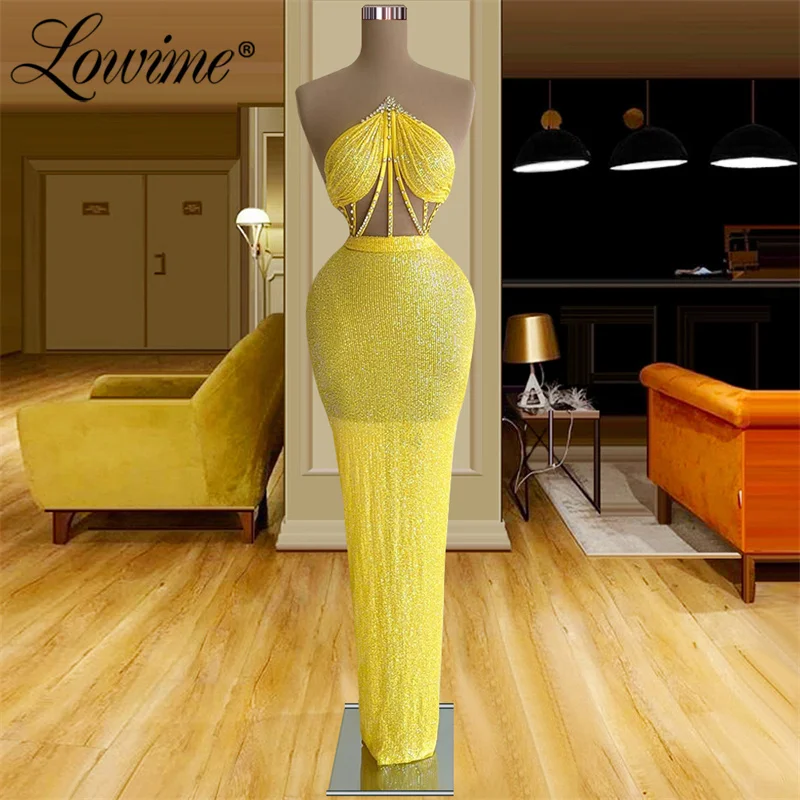 

Lowime Sequined Yellow Cheap Evening Dresses For Women 2022 Luxury Designer Crystals Sexy Illusion Mermaid Long Prom Dress Robes