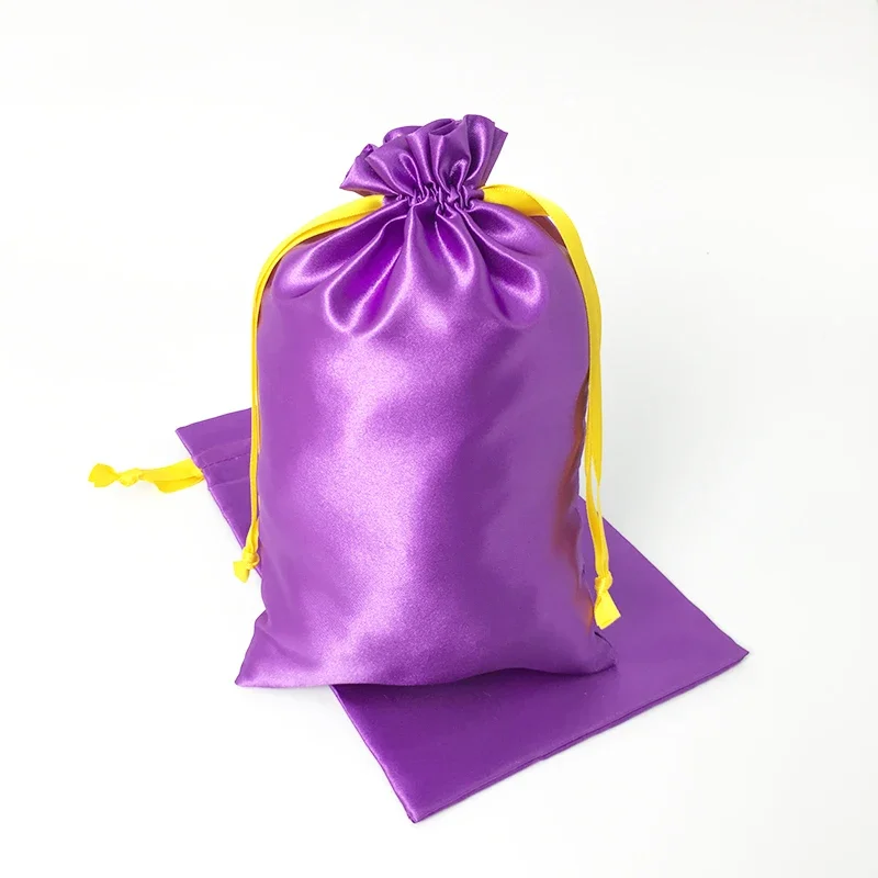 Purple Silk Gift Bags Satin Drawstring Pouch Makeup Shoes Clothes Virgin Hair Wig Cosmetic Packaging Bag Storage Print 20PCS