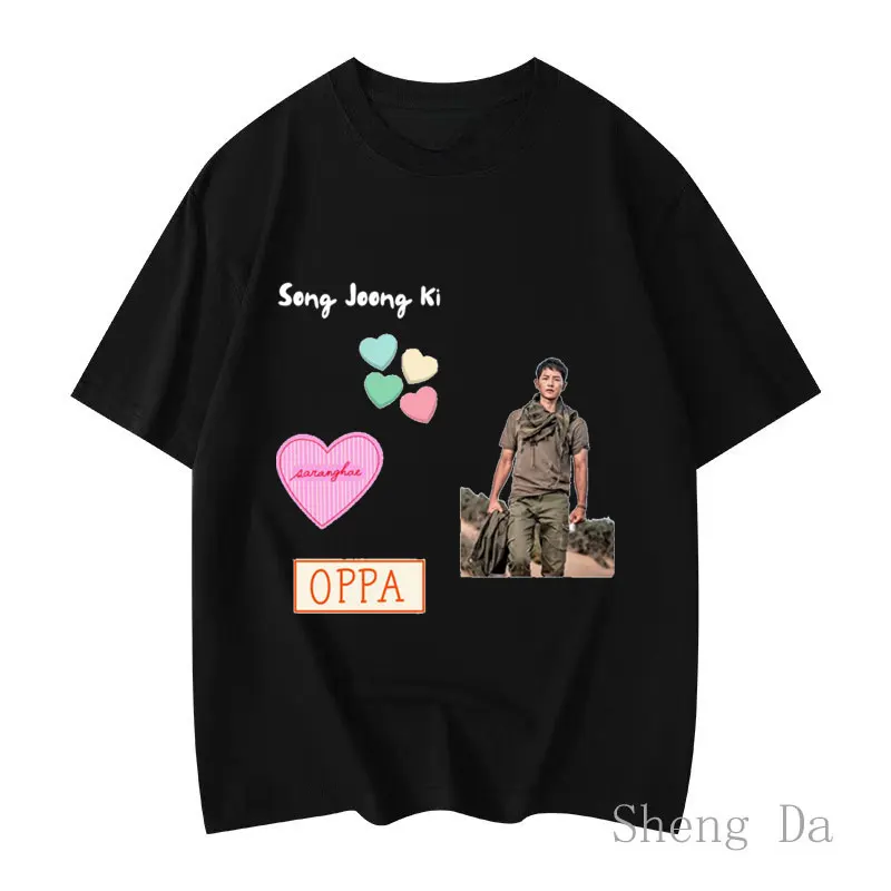 Song Joong-ki Korean Dongdaemun 2024 Pure Cotton T-shirts for Men Army Green South Korea Graphic Shirt T-shirt Tops Tees Men's