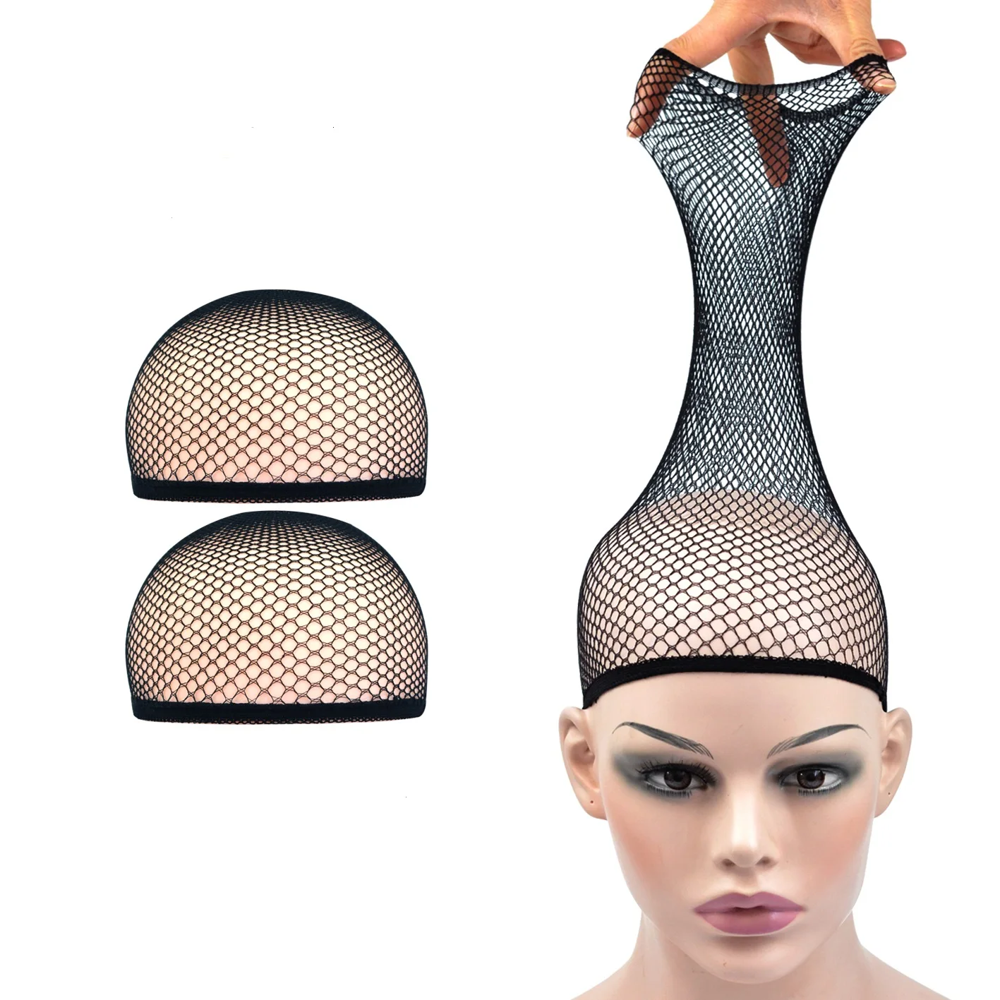 

2 Pcs Mesh Wig Cap Open Ended Hair Nets Black Beige Elastic Stocking Caps Weaving Hairnet for Wearing Wigs