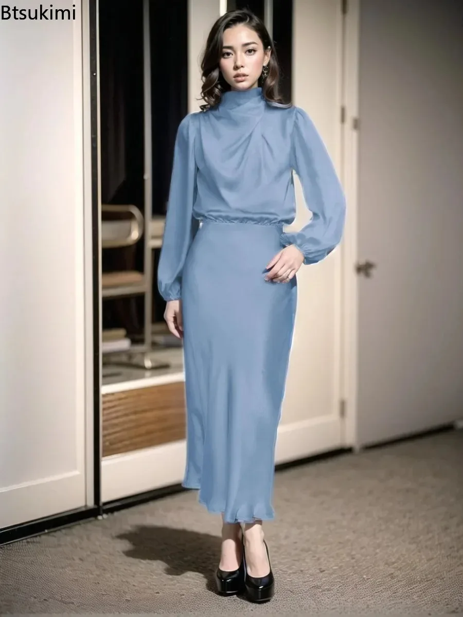 Eleganckie damskie ubrania 2025, wysokiej jakości satynowe sukienki maxi z długim rękawem i golfem, sukienki koktajlowe na przyjęcia i wieczorne wyjścia.