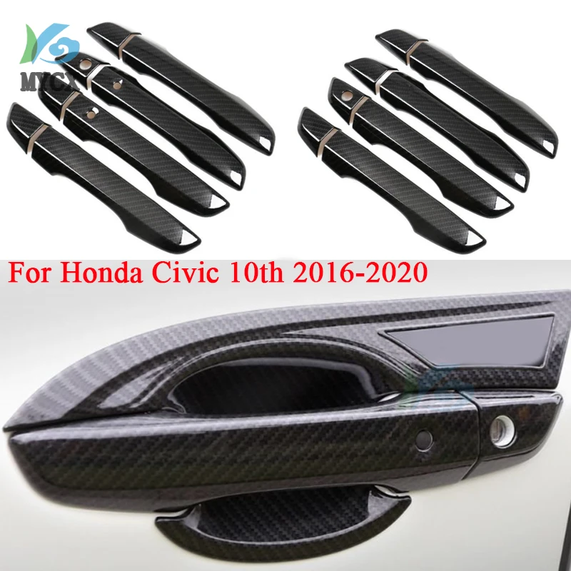 For Honda Civic 10th 2016 2017 2018 2019 2020 LHD Carbon Fiber Grain / Glossy Black Exterior Door Handle Pull Cover Trim