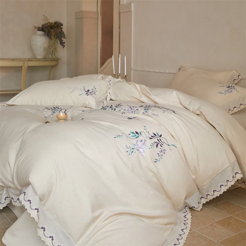 Vintage Farmhouse Style Cotton Linen Blend Bedding Set Wisteria Bird Embroidered Ruffle Duvet Cover Pillowcase Bed Sheet 4‑Pcs