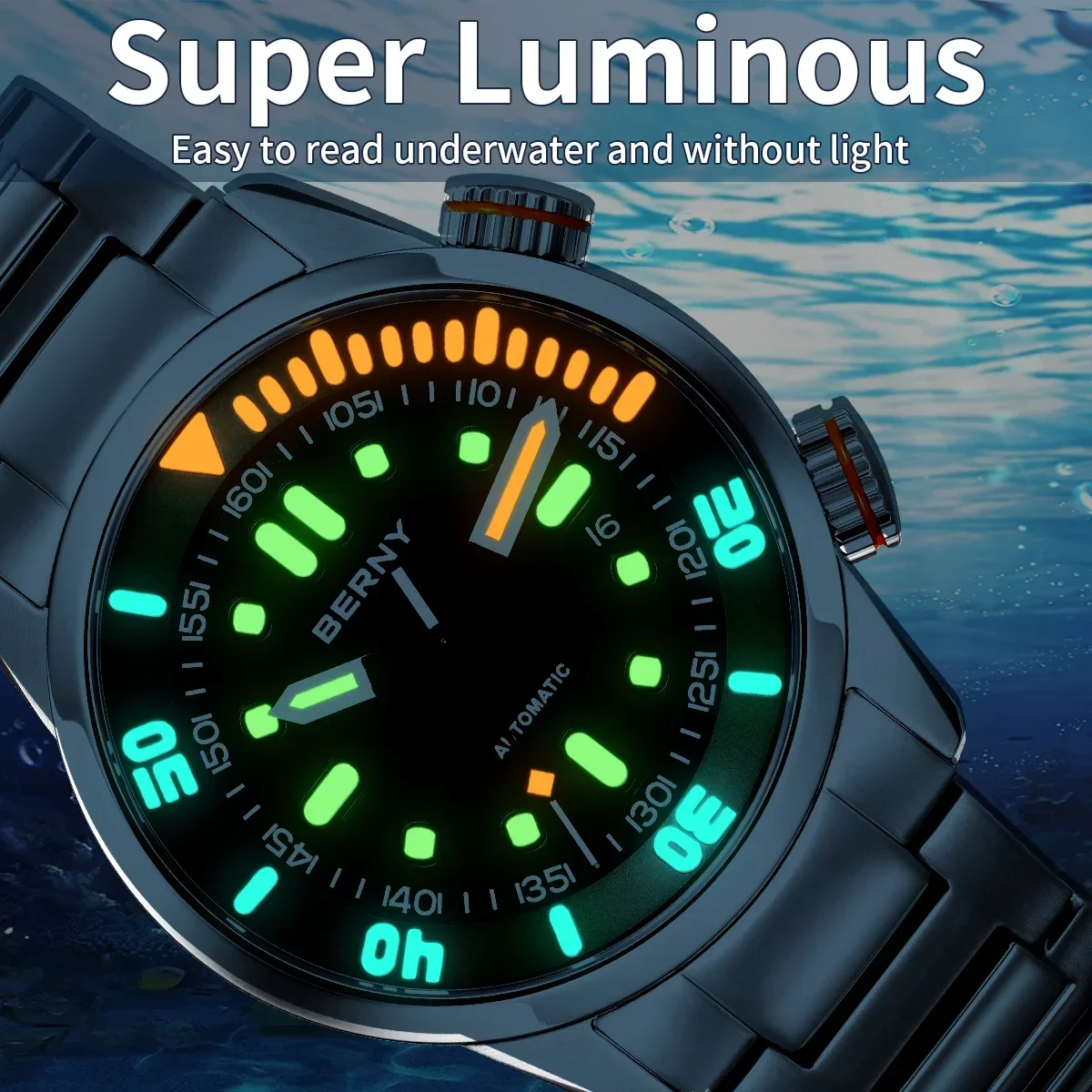 BERNY Automatic Dive Watch for Men Super Luminous Original Design 20ATM Man Wristwatch Sapphire Swim Sport Mechanical Male Watch