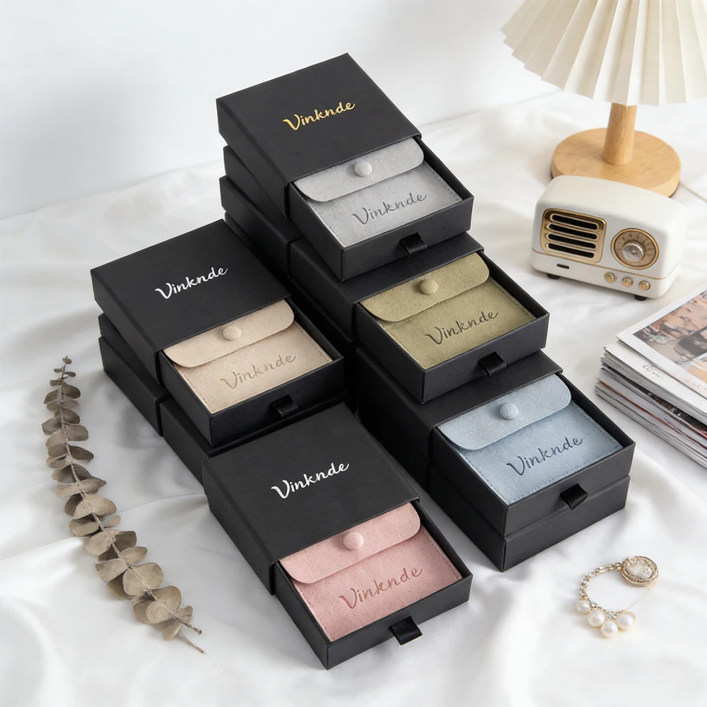 

24/50/100Pcs 8x8x1.7cm Black Jewelry Drawer Box With 7x7cm Microfiber Bag Custom Logo Necklace Earring Packaging Boxes Gift Bags