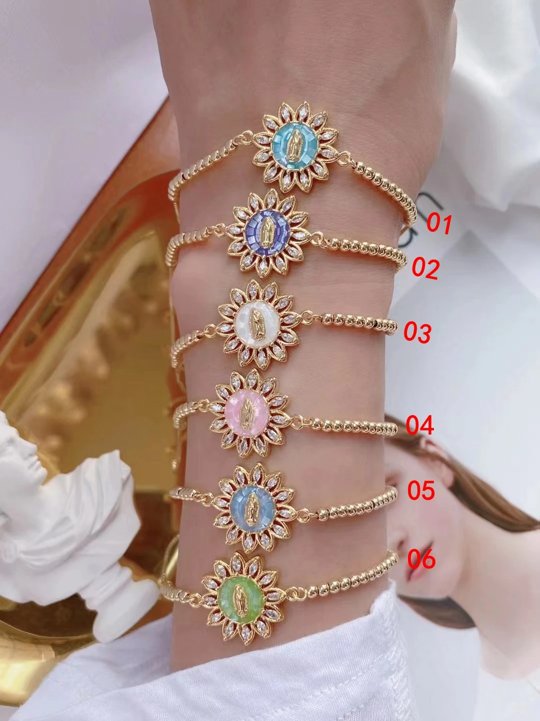 5PCS, Gold Color Chain Virgin Mary Shell Bracelets For Women Bead Ball Chain Bracelet Religious Jewelry Gift