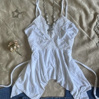 Y2K Goth Grunge Punk White Lace Patchwork Sexy Top Women Summer Solid Ruched Backless Sleeveless Tank Top Streetwear Y2K Clothes
