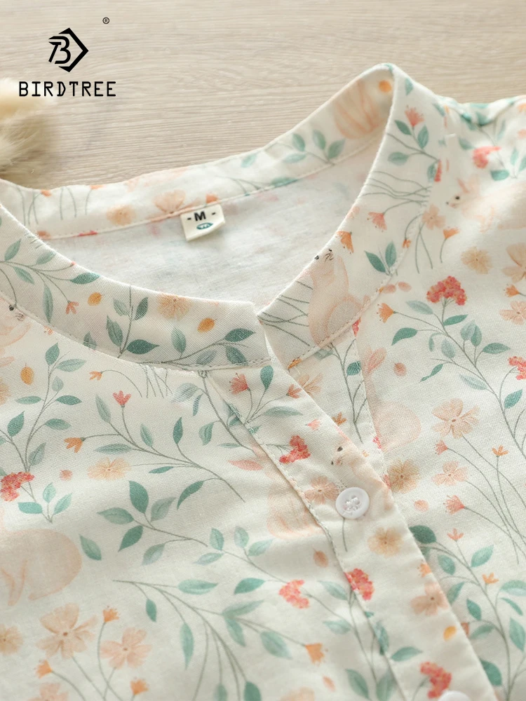 New Autumn Cotton Printed Shirt Women V-Neck Loose Sweet Top Girl Long Sleeve Simplicity Literature Blouses 2024 Spring T41454QC