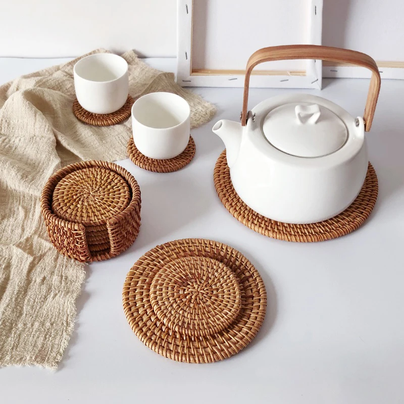 Rattan Handmade Round Coaster Insulation Pot Mat Placemat Kitchen Coaster Tea Ceremony Accessories