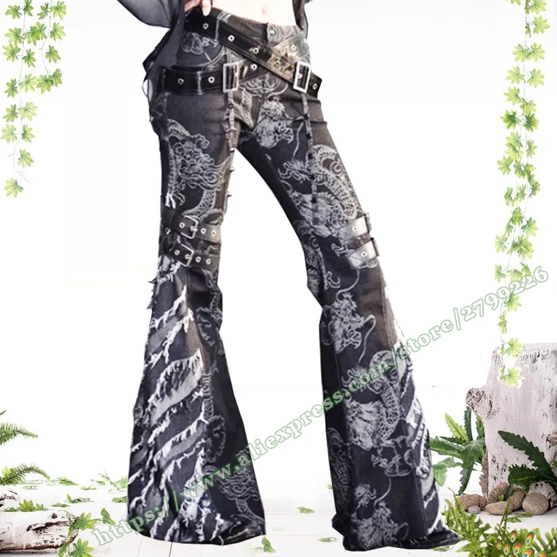 2024 Low-Waisted Women Jeans , Punk  jeans woman low waist Pants Girl Tassel Denim Horn Slim Fit Pants , y2k Jeans Streetwear