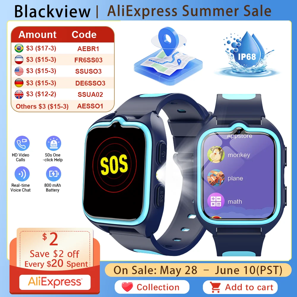 Blackview Children 4G Smart Watch GPS Tracker SOS Waterproof HD Video Call Anti-lost Wrist Watch for Boys Girls Kids Best Gift