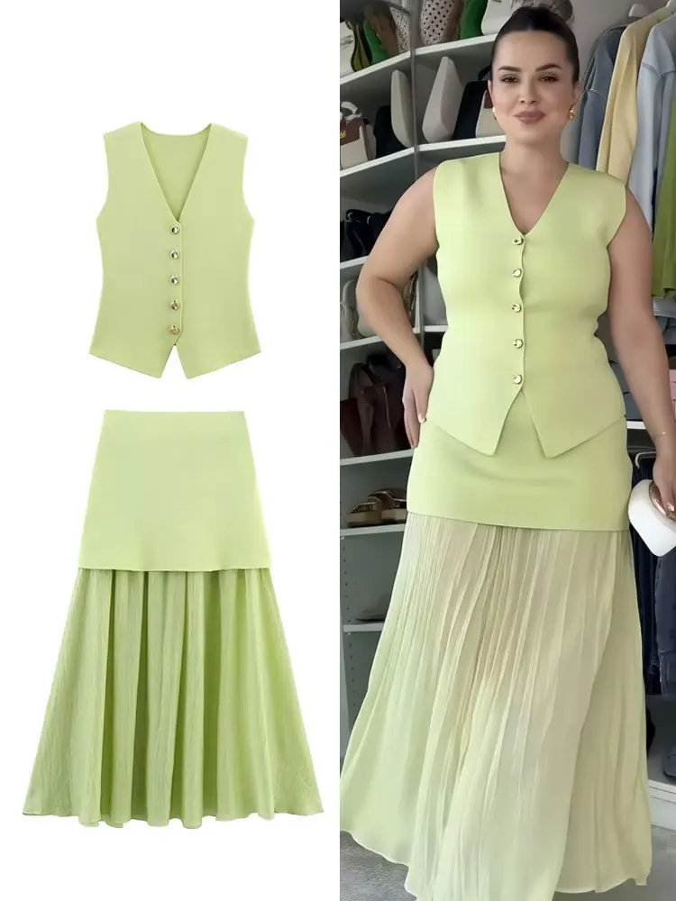 HH Sommer Elegante Gestrickte Anzug Weibliche Mode Ärmellose V-ausschnitt einreiher Weste + A-linie Hohe Taille Gespleißt Midi Rock