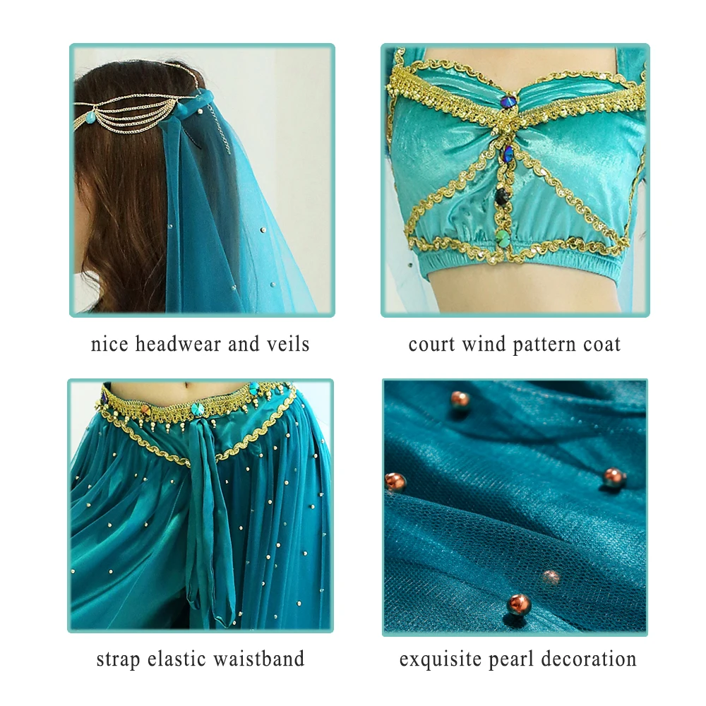 بوليوود الرقص الشرقي الياسمين زي علاء الدين هالوين الزي الياسمين الأميرة ازياء البط البري للنساء/الفتيات الحجاب السراويل العليا