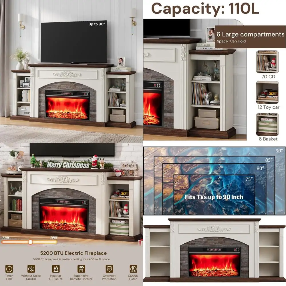 

90 Modern Electric Fireplace TV Stand with Mantel and Stacked Stone Look Entertainment Center