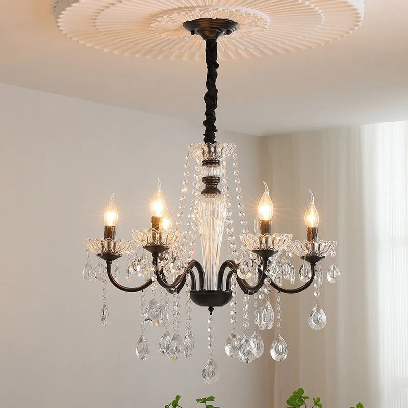 Painted Black Candle E14 Chandelier Lustre Luxury K9 Crystal Pendant Light French Living Room Hanging