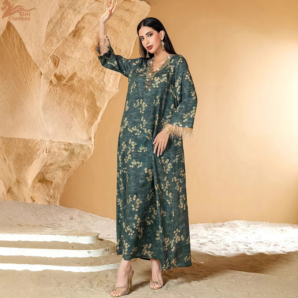 

Eid Abaya Dress Feather Rhinestone Trim Women Muslim Retro Print V Neck Party Dubai Arab Long Robe Ramadan Caftan 2025