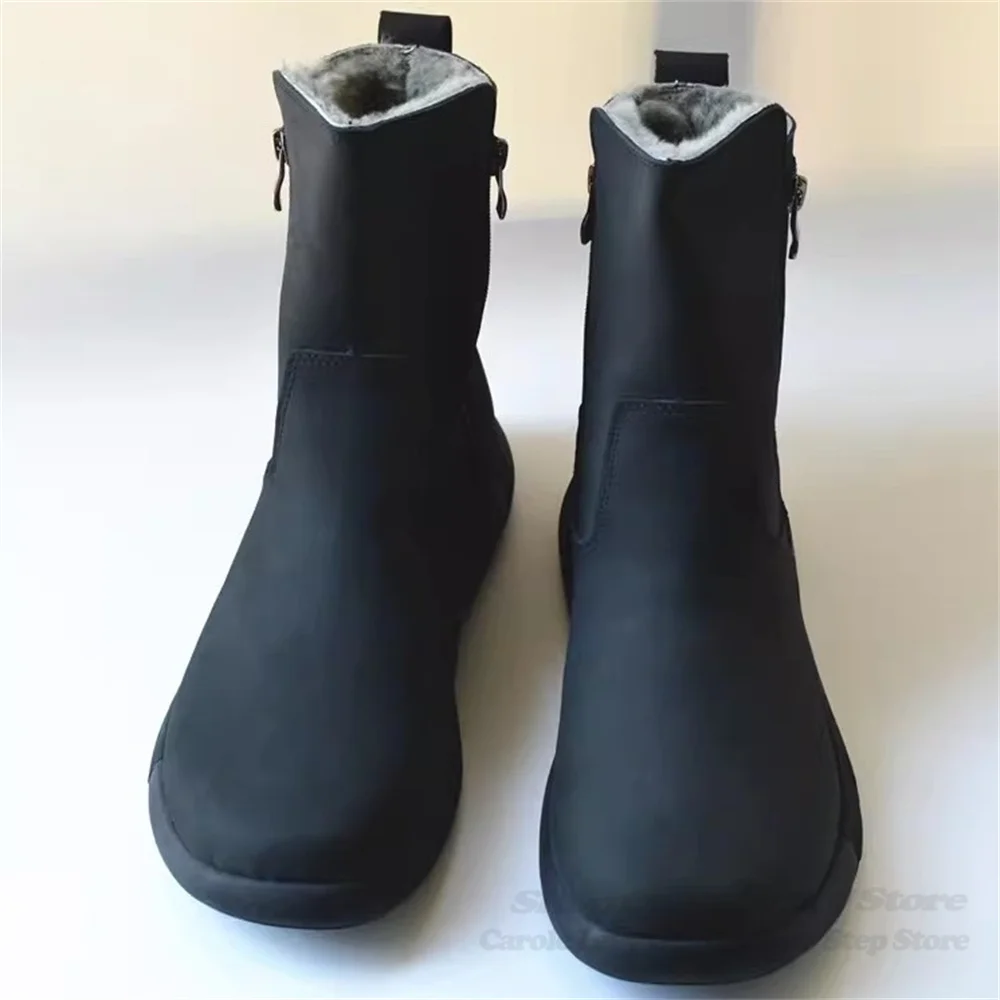 Frosted Black Genuine Leather Wool Fur Integrated Anti Slip Midsole Snow Boots Handmade Plus Size Flat Bottom Warm Cotton Shoes