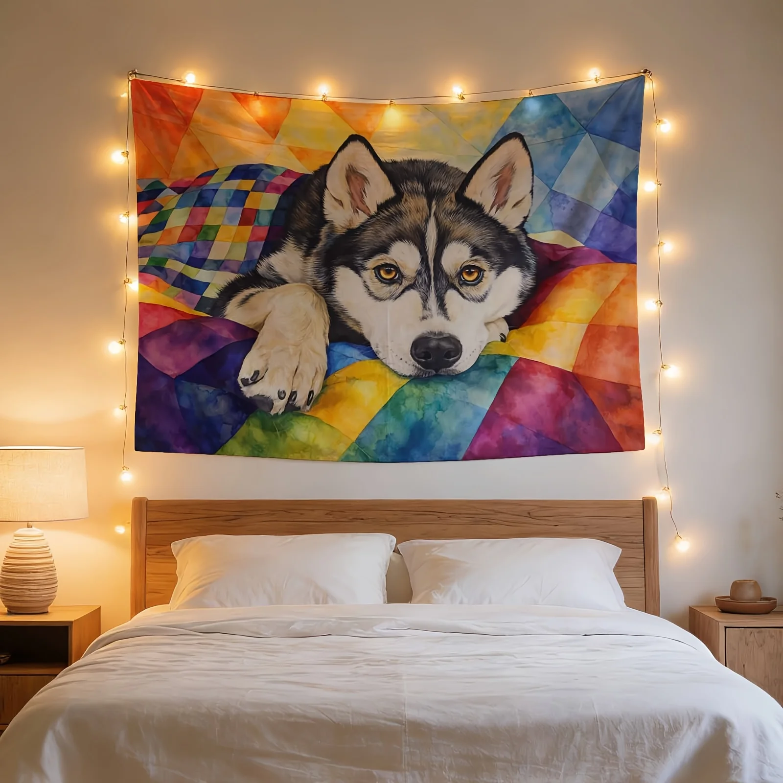 Boho Husky Dog Wall Tapestry Hanging Geometric Colorful Canine Art Decor Print for Living Room Bedroom Polyester Material