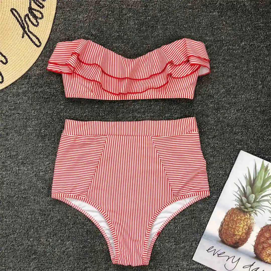 Gestreifter Bandeau-Bikini mit Rüschen, Damen-Badeanzug, hochtailliert, zweiteiliger Bikini, Badebekleidung, Badeanzug, Modell V1183. – Detail 24
