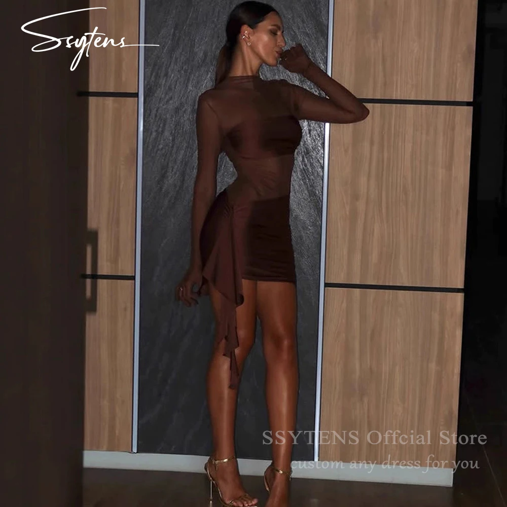 SSYTENS Gaun Malam Pendek Coklat Modern Gaun Koktail Lengan Penuh Ilusi Gaun Pesta Malam Klub Berlipat Disesuaikan