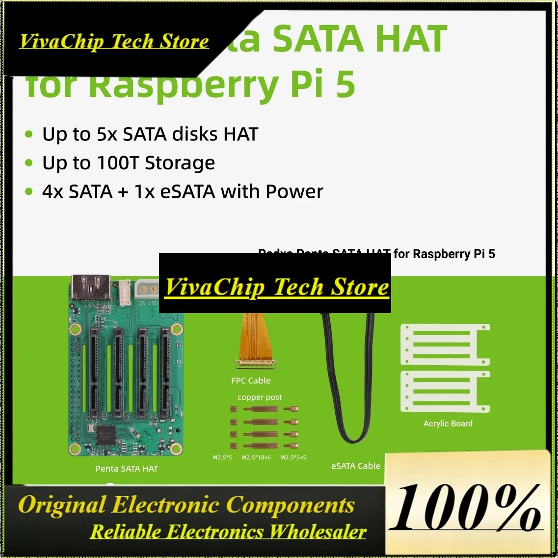 VivaRadxa Penta SATA HAT - Up To 5x SATA Disks HAT For Raspberry Pi 5 And ROCK Pi SBCs, 3C, 5A, 4A / 4B / 4SE / 4A+ / 4B+ / 3A
