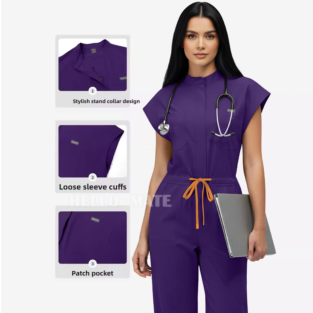 Hospital Scrubs Suit Women's Medical Nurse Uniforms Stand Collar Waist-Cinching Multi-Functional Beauty Store Workwear Ensemble view 3