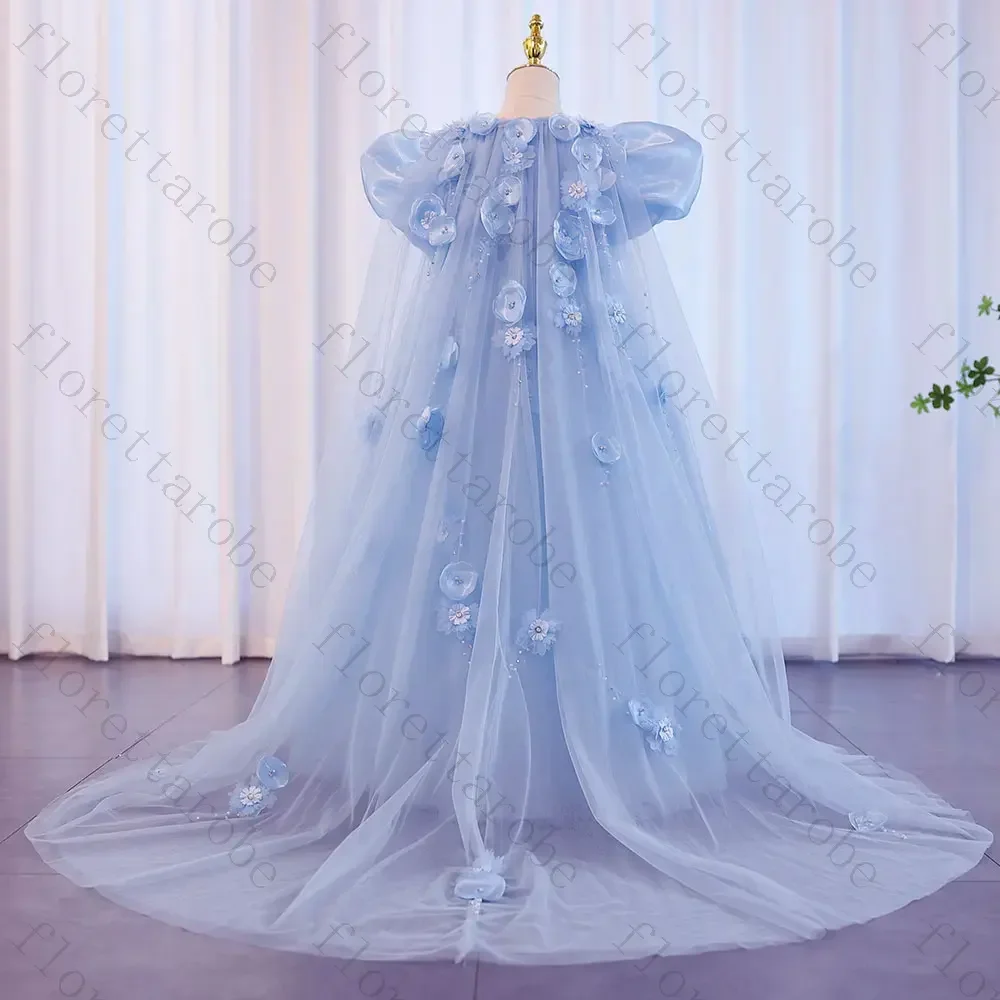 Customized Blue Flower Girl Dress Ball Gown Long Round Neck Puff Sleeve Tulle 3D Floral Beaded Train Wedding Kids Princess Gown