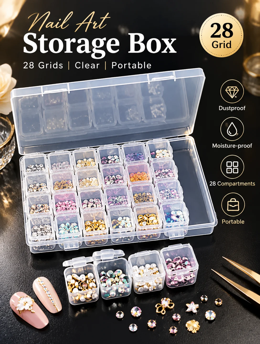 28 Grids Transparent Nail Art Storage Box Mini Rhinestone Organizer Jewelry Holder Portable Manicure Tool Case Salon Home