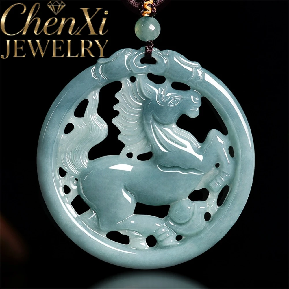 

Natural A-Grade Blue Water Jadeite Zodiac Horse Inlay Hollowed-Out Pendant Luxury Quality Fashion Jewelry Exquisite Charms Gift