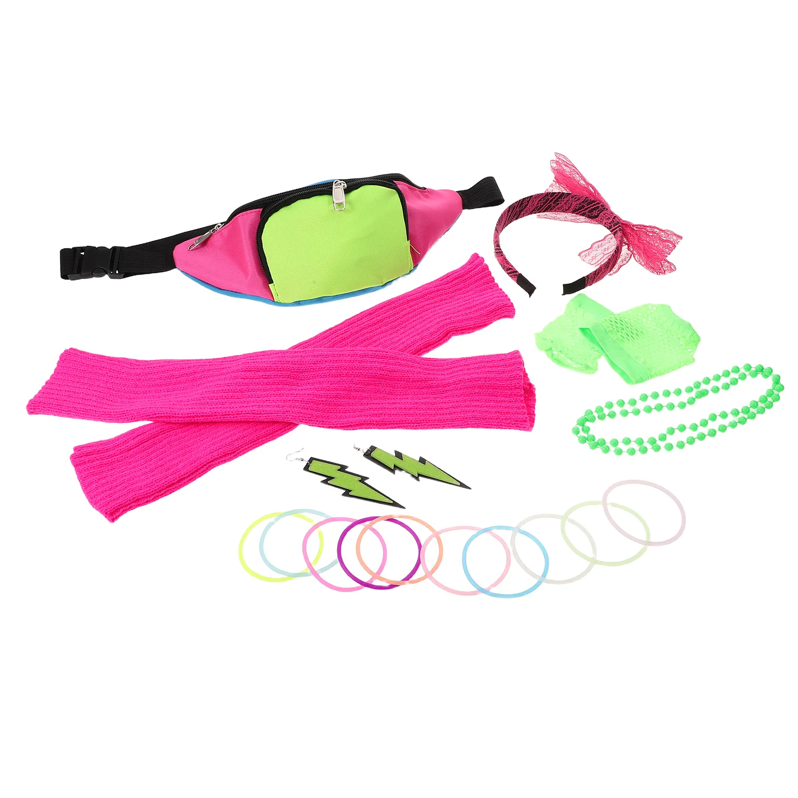 Set de 19 Accesorios de Fiesta Neón, Joyería Retro Clásica de los 80, Riñonera, Pendientes, Diadema, Pulseras, Calentadores de Piernas para Mujer