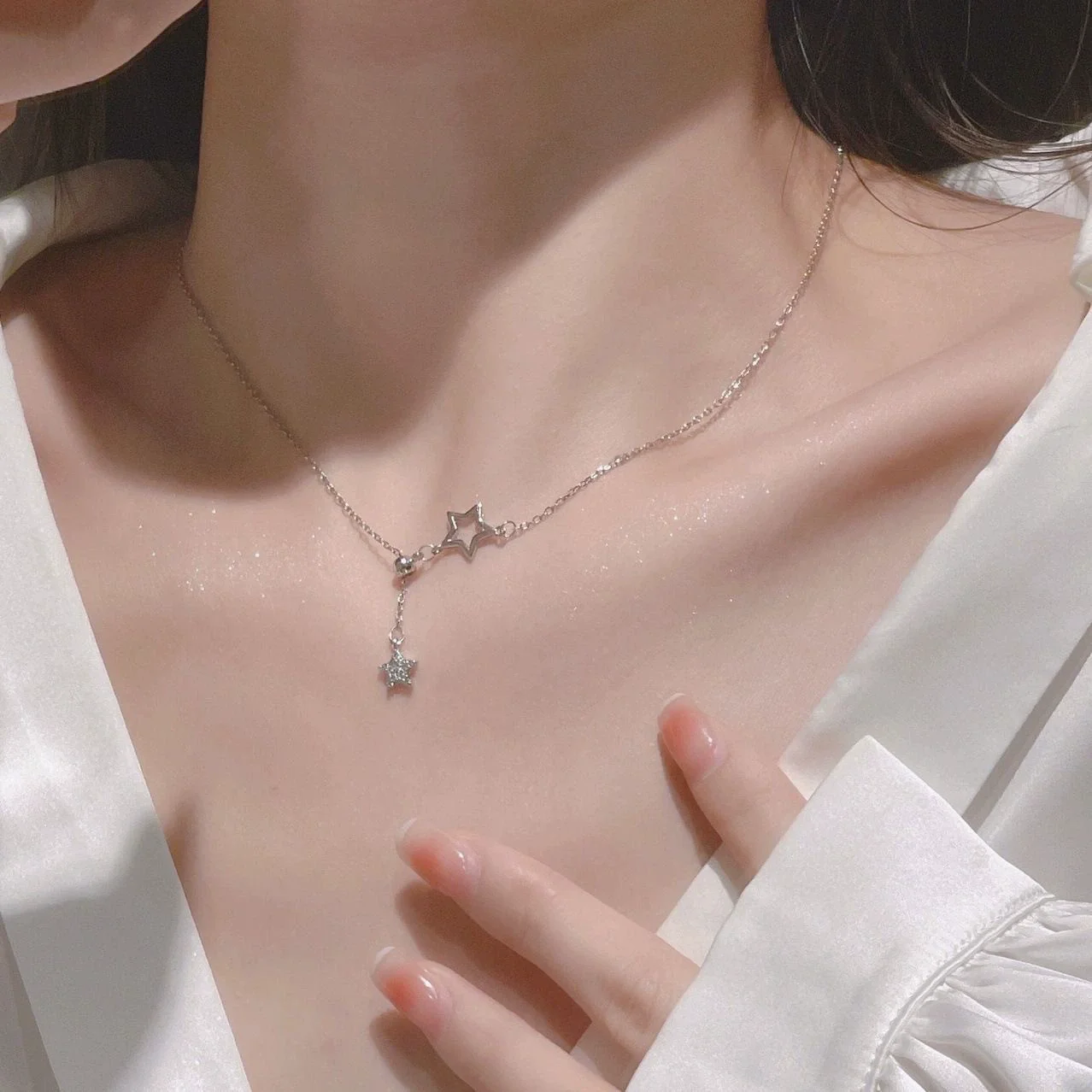 

925 Sterling Silver Adjustable Retractable Star Versatile Pentagram Sweater Chain Lock Bone Chain Jewelry Gift