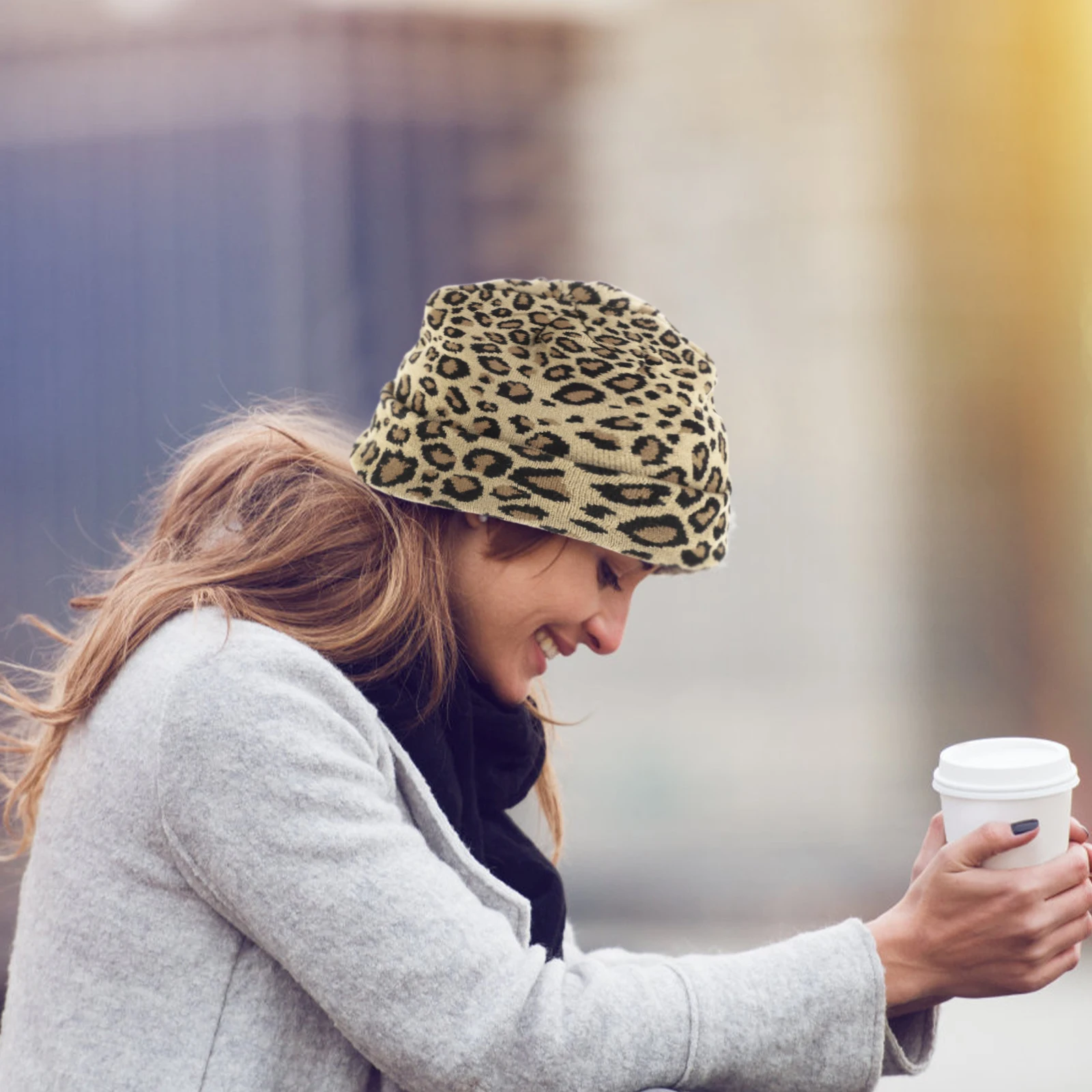 

Women Warm Knit Hat Camel Leopard Design Winter Beanie for Travel Walking Fashion Wear All Season Indoor Outdoor Use One Size