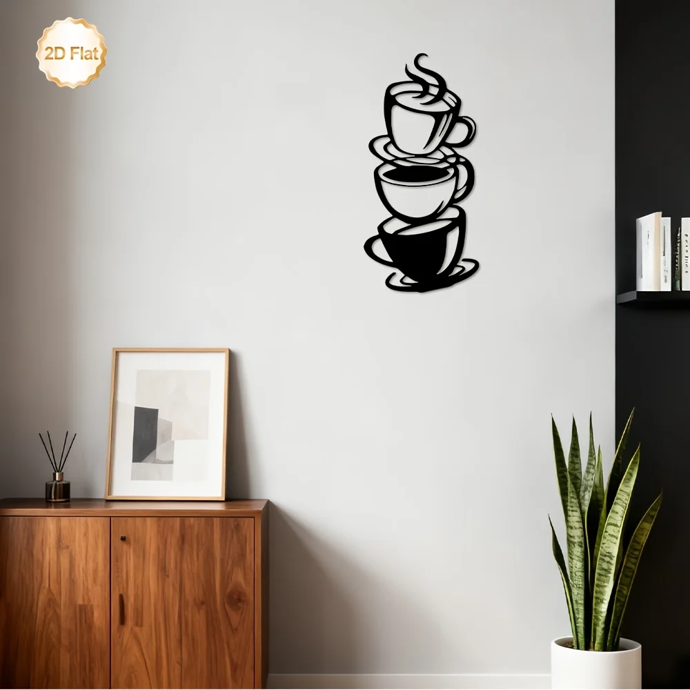 CIFBUY Metal Wall Art Stacked Coffee Cups Sculpture 2D Flat Iron Home Decor Indoor Outdoor Living Room Kitchen Bedroom