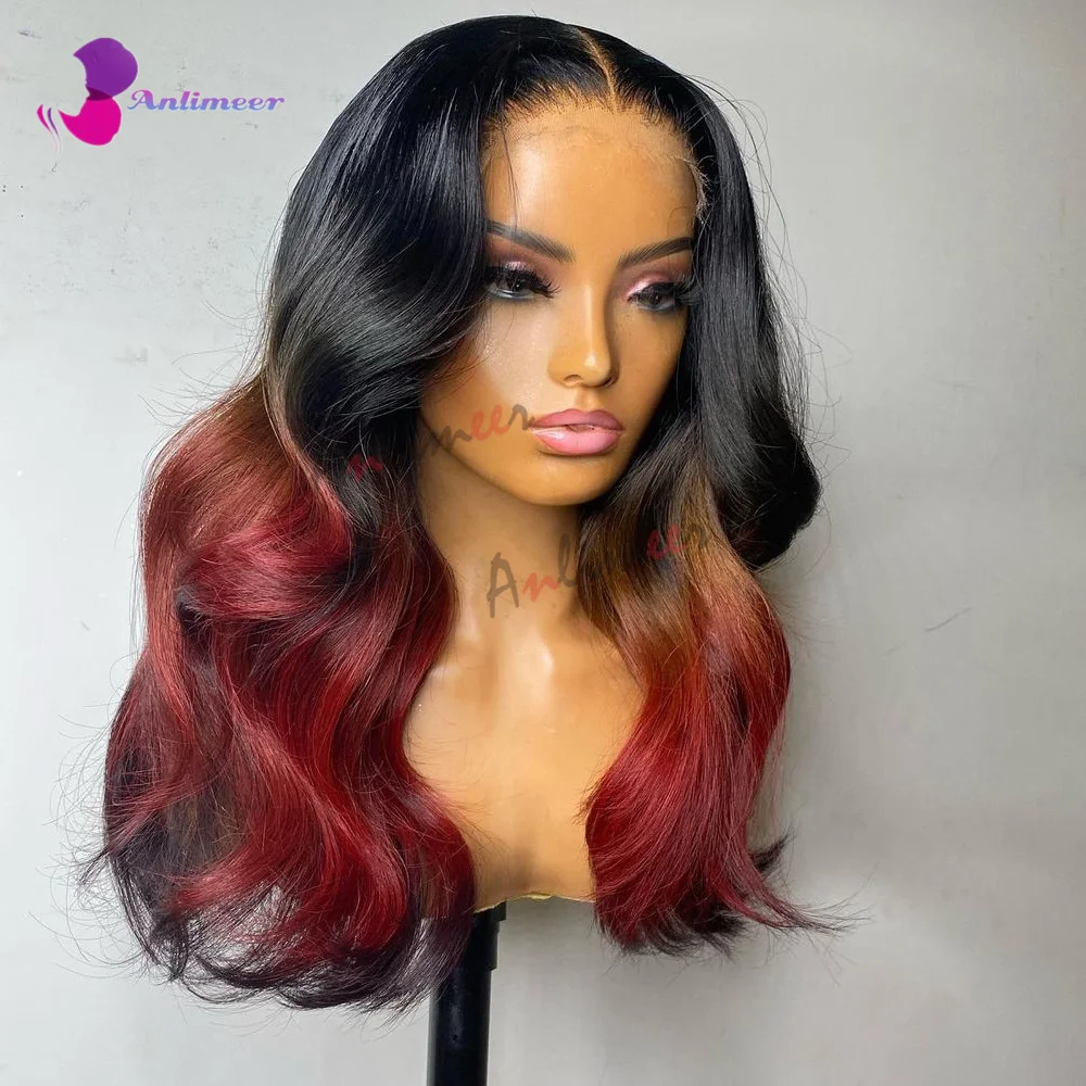 Wig tiga warna rambut manusia tanpa lem renda depan wig rambut manusia pra pencabutan wig merah Ombre untuk wanita wig Brasil rambut manusia