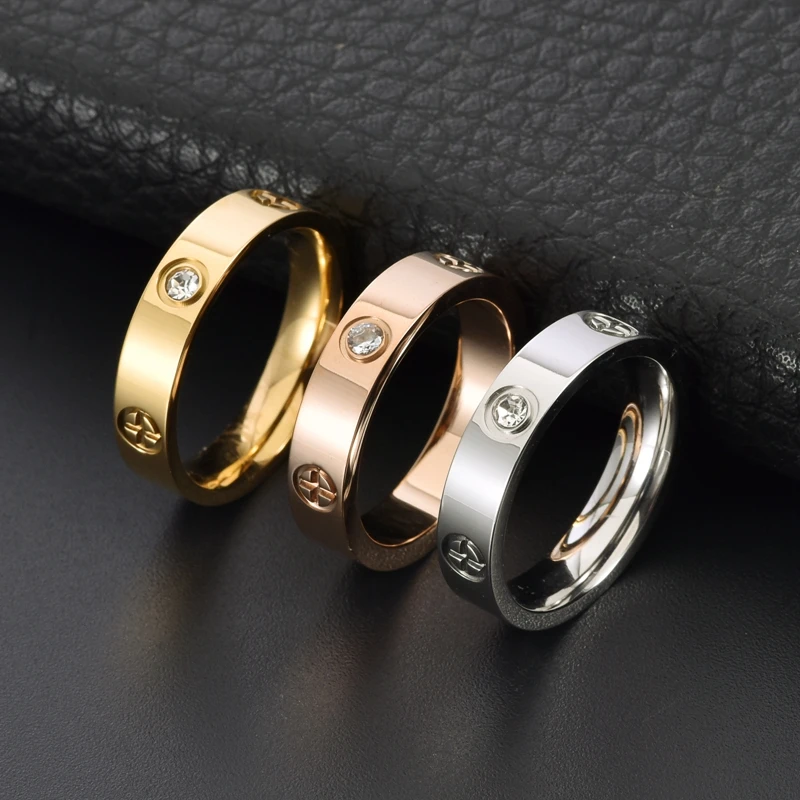 Fashion trend 5mm wide gold-plated stainless steel cross nail ring titanium steel non fading zircon couple ring