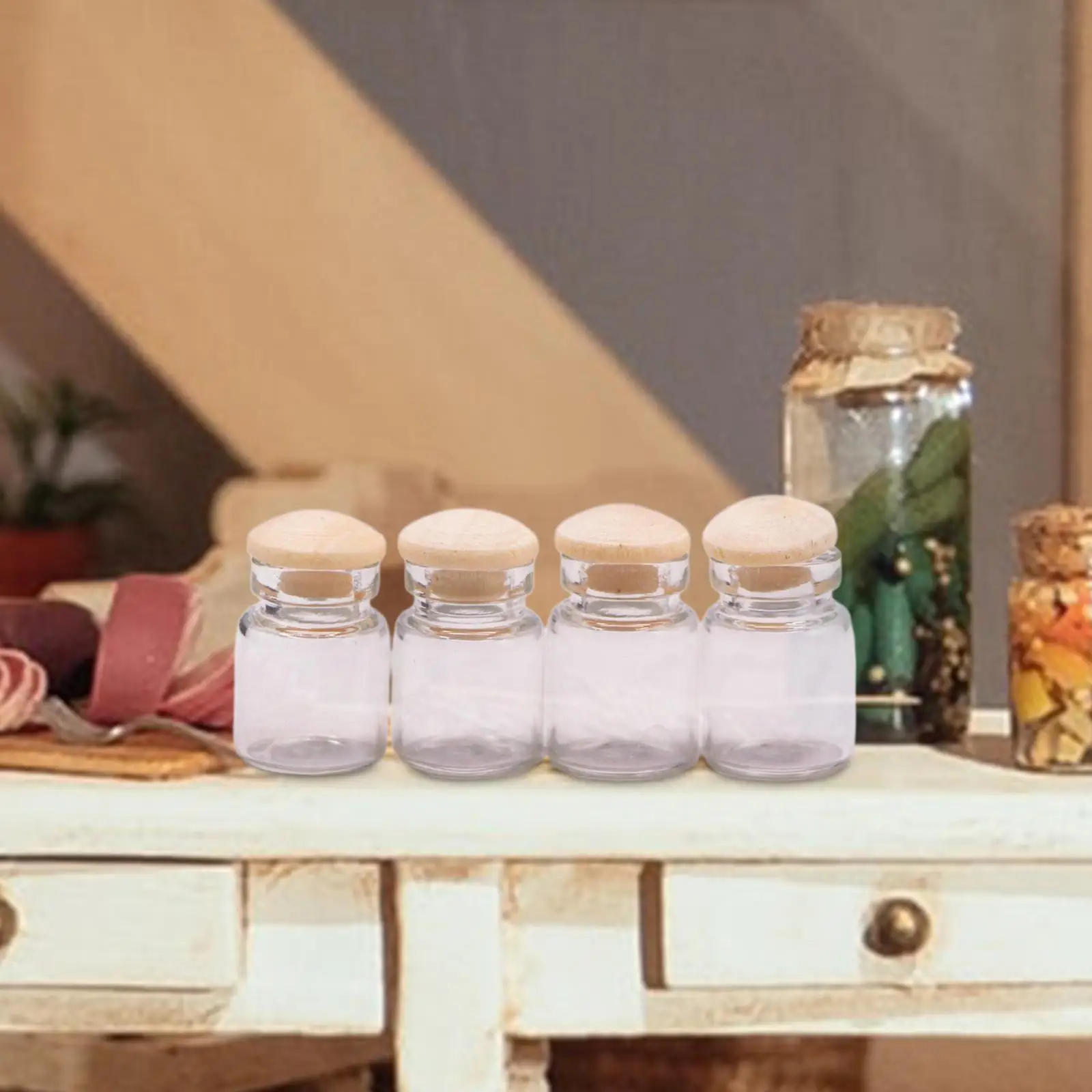 Dollhouse Miniature Glass Jars with Wooden Lids for Tiny Food Storage in 1 12 Scale Furniture Decor
