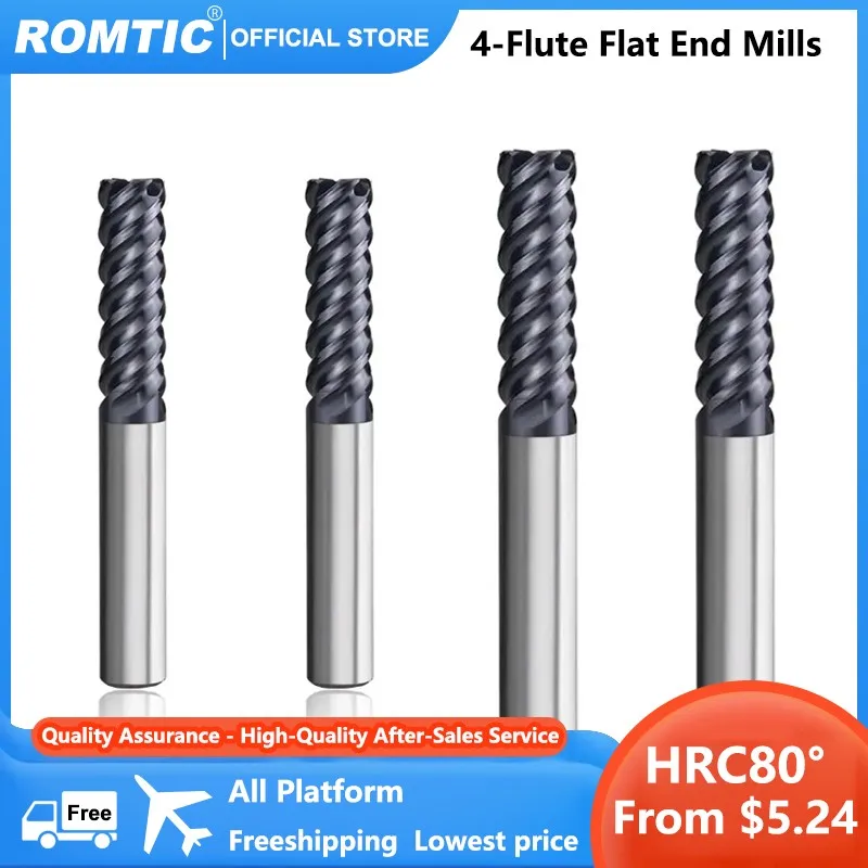 ROMTIC HRC80 High Hardness Milling Cutter Tungsten Steel Carbide Unequal Spiral 4-Flute End Mill CNC Machining Endmill Tools