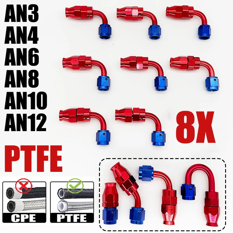 

8 шт. AN3 AN4 AN6 AN8 AN10 AN12 Прямой переходник для конца шланга из ПТФЭ 0 45 90 180 градусов многоразового использования для поворотной PTFE масляной топливной линии